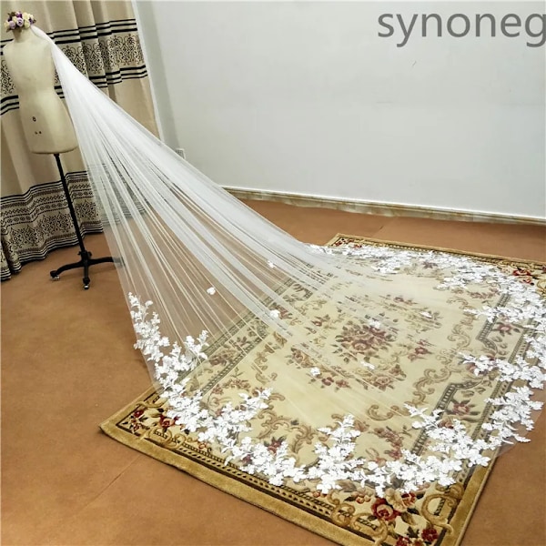 Ægte Foto 3m.4m.5m Enlags Brude Slør Med Kam Hvid Blonder Kant Brude Slør Elfenbensfarvet Applikation Katedral Brude Slør Elfenbensfarvet Ivory 500 cm