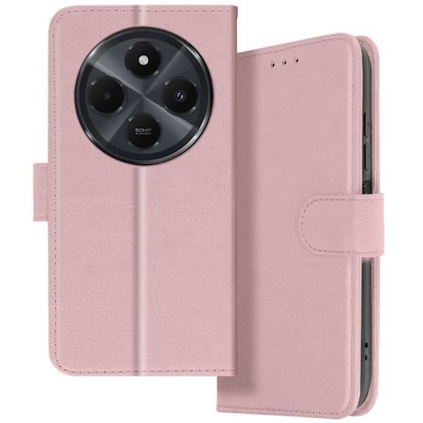Xiaomi Redmi 14C:n kotelo, lompakko ja videoteline, pölyinen vaaleanpunainen Rosa