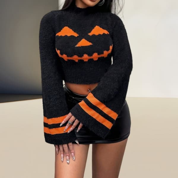 Dame Mørk Græskar Farveblok Cropped Turtleneck Sweater Efterår Vinter Mode Trendy Strikket Top black M