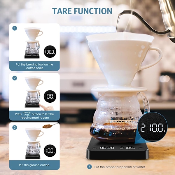 Digital kaffevægt med timer, dryp kaffevægt 3 kg/0,1 g høj præcision, genopladelig bærbar kaffevægt