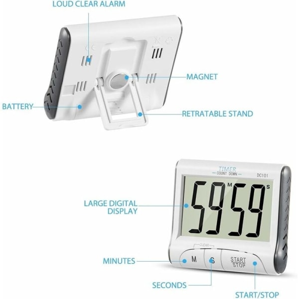 Kjøkkenklokke, 24H digital magnetisk elektronisk kjøkkenklokke digital timer med lydalarm LCD-skjerm nedtellingstimer magnetisk holder - hvit