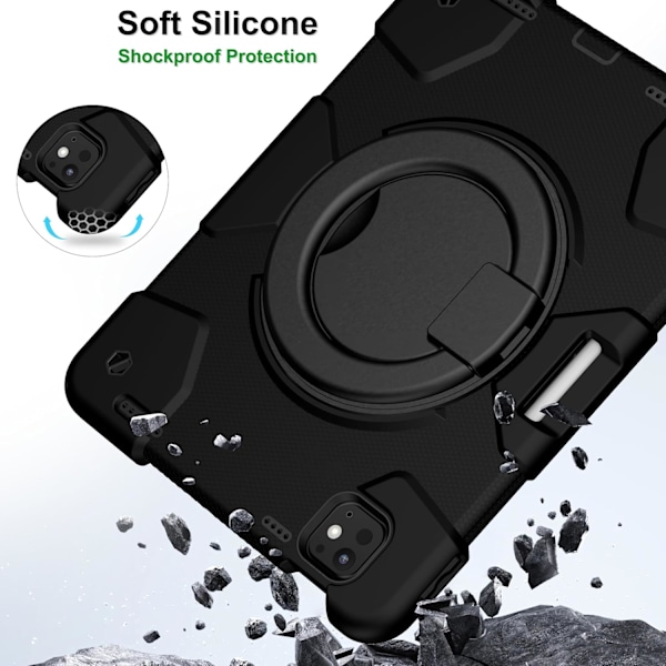 Etui for iPad Pro 11 tommer 2024 (M4) 5. generasjon, Kraftig støtsikker beskyttelse med 360° roterende håndtak/stativ/pennholder/Sk Black_xx Black iPad pro11 2024
