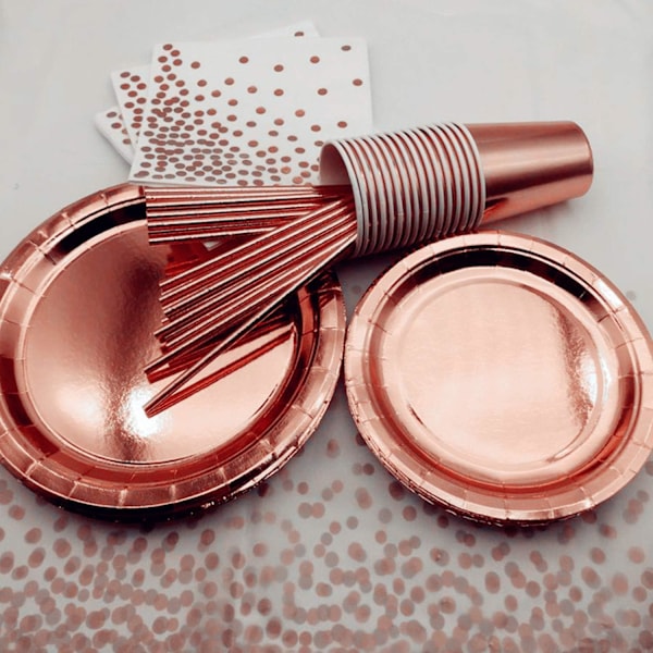 Rose Gold Festartikler, Engangstallerkener og Plastikbestik til 16 Gæster, Elegant Design, Fødevaregodkendt Materiale, Hurtig Oprydning, Stilfuld og_xx