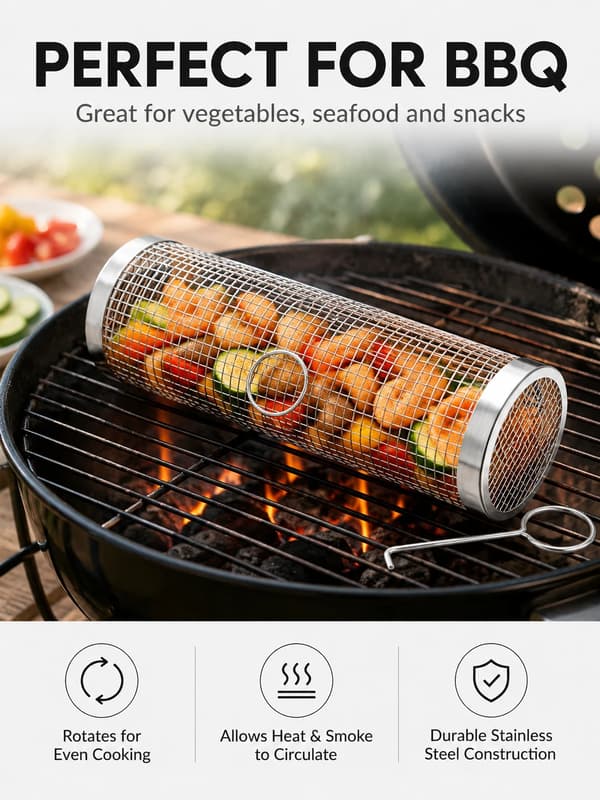 BBQ-grillkorg i rostfritt stål, rullande grillbur med krok, 30 cm 30cm