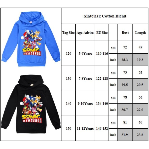Boys Sonic The Hedgehog Sport Casual Hættetrøje Sweatshirt Pullover mørkeblå dark blue 130cm