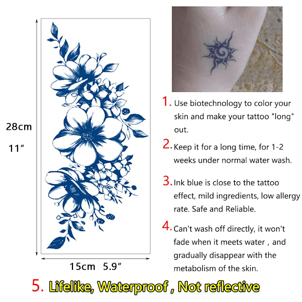 Semipermanenta tatueringar för kvinnor och flickor, 4-pack kit med stora realistiska långvariga tillfälliga tatueringar som ser ut som