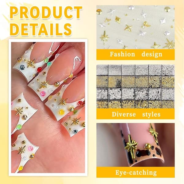 3D Stjärn- och Kaviar Pärlor Nageldekor - Guld och Silver Multi-Form Design för Elegant Manikyr