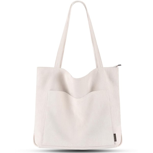 Cordfløyel Tote Bag for Kvinner Stor Skulderbag med Glidelås og Lommer
