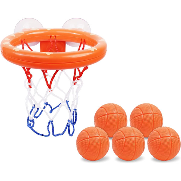 Basketbollkorg och bollset med 5 bollar, badleksak med stark sugkopp