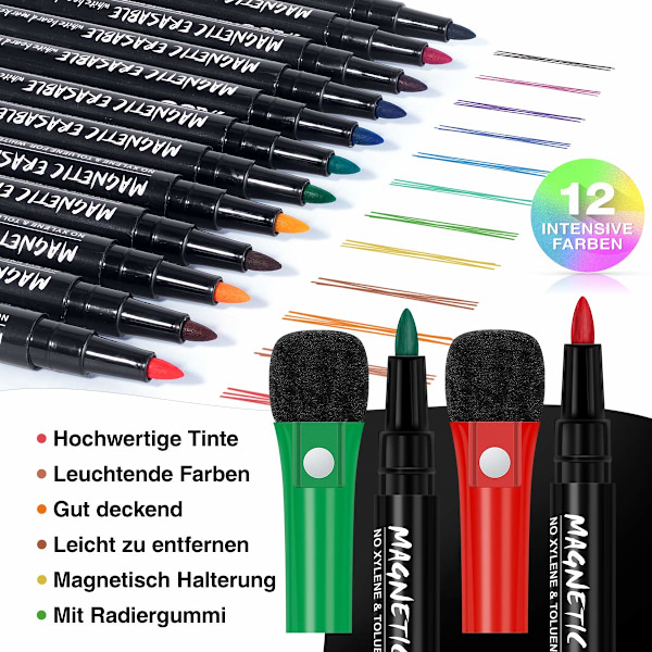 12 magnetiska whiteboardpennor och suddgummi set - Färgade whiteboardpennor raderbara - whiteboardpennor - tunna whiteboardpennor för barn suddgummi