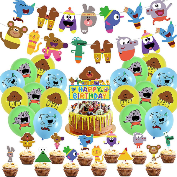 Hei Duggeen syntymäpäiväjuhlakoristeet lapsille, sarjakuvateemajuhlat ja -tarvikkeet, sisältää ilmapalloja, banderollia, kakkuja