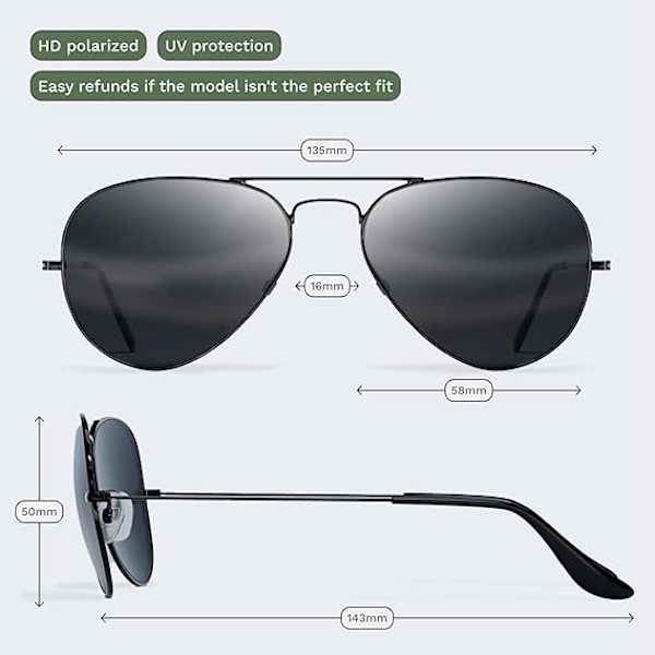 Solglasögon för Män Kvinnor Aviator Polariserad Metall Spegel UV 400 Lins Skydd