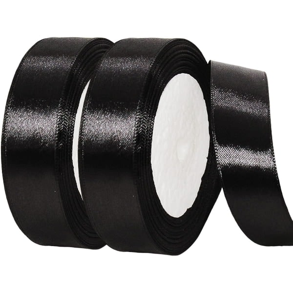 2x22m svart bånd 25mm for gaveinnpakning, satengbånd Svart Halloween-bånd dekorativt ballongbånd til bursdagskakedekorasjon