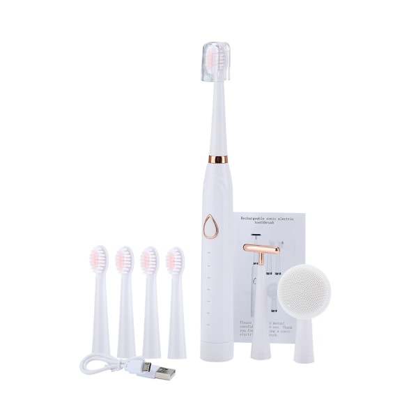 Electric Toothbrush With Multifunctional Vibrating Facial Cleansing Brush Usb Rechargeable Soft Bristle White