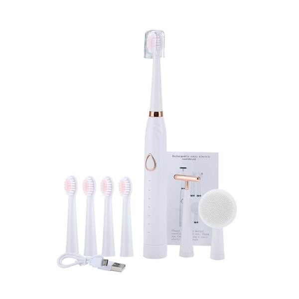Elektrisk tandborste med multifunktionell vibrerande ansiktsrengöringsborste USB Uppladdningsbar mjuk borst vit