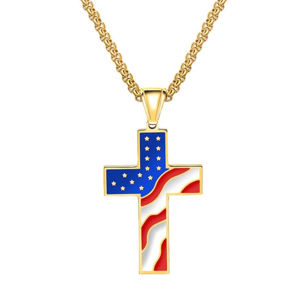 Cross Pendant Creative American National Flag Decor Pendant For Man Mann Gutt (gull med kjede) (gylden)