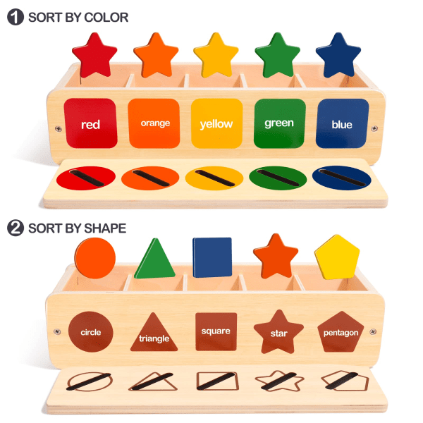 Montessori-leksak, färg- och formsortering av tändsticksaskspel, formsorterare för pedagogiska leksaker med 25 geometriblock och 14 frågesportkort
