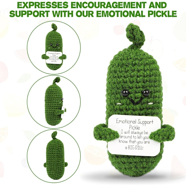 Håndlavet Følelsesmæssig Støtte Agurk Gave, Agurk Hæklet Inspirerende Gaver med Træbase, Sød Strikket Agurk Sjov Pickle (Følelsesmæssig Pickle)