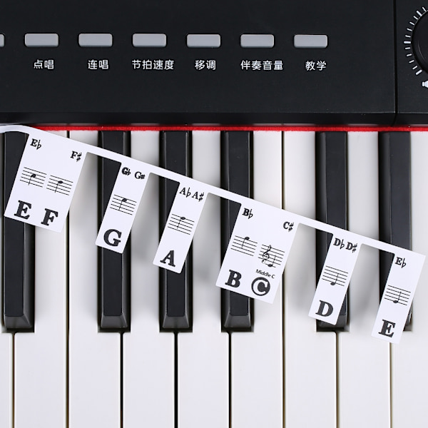 61-näppäimen ja 88-näppäimen irrotettavat musiikkisovittimen tarrat numeroitujen nuottien ja piano-ohjaimen merkinnöillä 0.06 88 keys