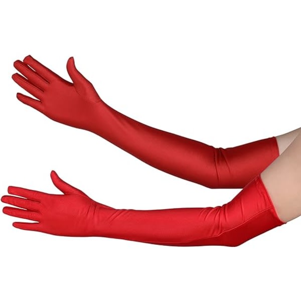 Långa satängfingerhandskar damer Opera Bruddanshandskar Party Stretchhandskar (röda)