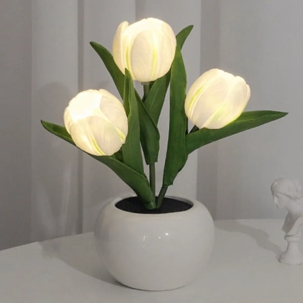Sengelampe, LED tulipanlampe med keramisk vase, Faux Tulip LED bordlampe, tulipanlampe, bordlampe dekoration hvid