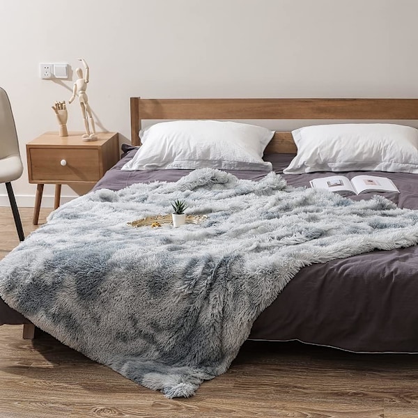 Filt, fluffig konstgjord pälsfilt, grå fleece, överkast, S