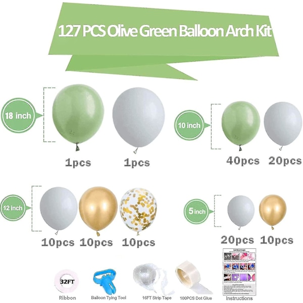 127 stk. olivengrøn ballonbue guirlande sæt - Hvid olivengrøn guld konfetti balloner sæt til bryllup fødselsdag baby shower fest dekorationer (FMY)