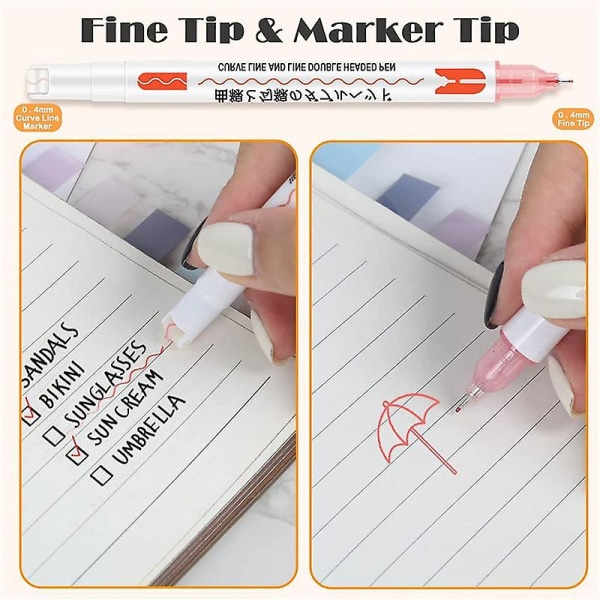 8-delers kurvepennesett med dobbel spiss lineær fargepenner for dagbokpapir