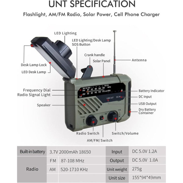 Nødvejrradio, 2000mAh Solradio AM/FM Håndsving Dynamo Radio USB Genopladelig Udendørs