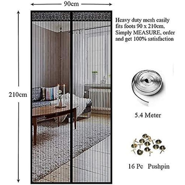 90 x 210CM Magnetisk Dør Insektnett Dørgardin Topp-til-Bunn Forsegling Lukkes Automatisk (Svart)