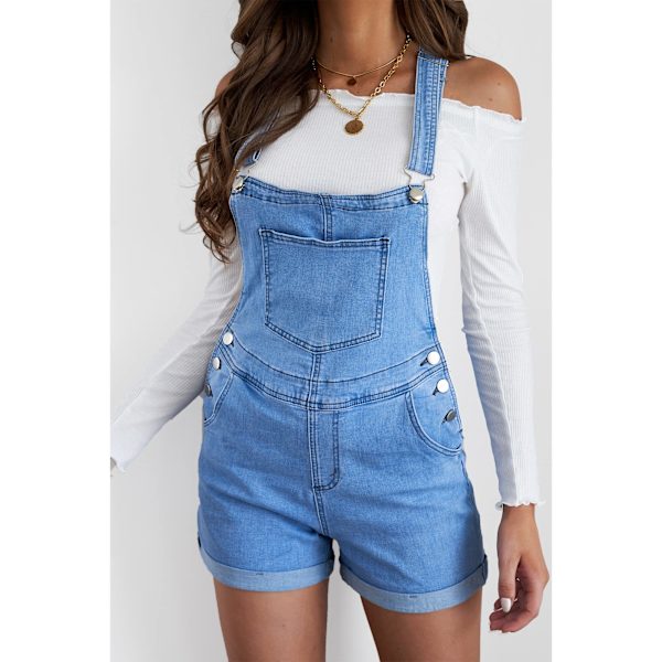 Dame Denim Dungarees med Spænde-stropper og Afrundede Kant L