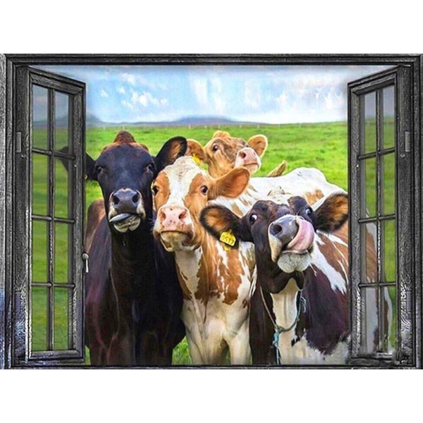 30 x 40 cm, lehmä ikkunan edessä Diamond painting Kirjonta