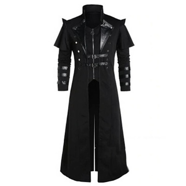 Vintage Halloween Middelalder Steampunk Assassin Alv Pirat Kostyme Voksen Menn Svart Lang Splitt Jakke Gotisk Rustning Lærfrakker Svart Black M