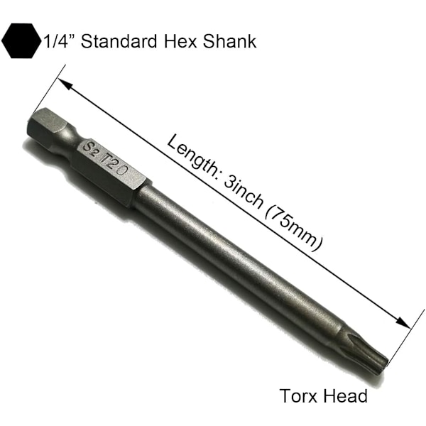 Sikkerhets Torx Bits 11 stk 1/4 tomme Hex Drive T6 T7 T8 T9 T10 T15 T20 T25 T27 T30 T40 3 tommer Lengde S2 Stål Skrutrekker Bor Bit Sett (11 stk 75mm)