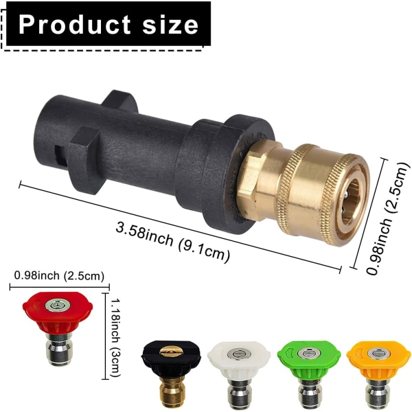 Adapter för högtryckstvätt till Karcher K2 K3 K4 K5 K6 K7, Karcher snabbkoppling med 5 munstycken med olika vinklar, 1/4 tum 2,5 GPM 3000 PSI