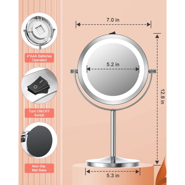 Opplyst sminkespeil med lys og forstørrelsesglass, 1x/10x forstørrelse Dobbeltsidig LED-speil 360° roterbart rundt speil