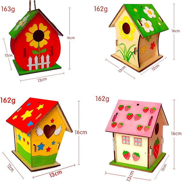 DIY fuglekasse sett for barn - 4 pakker Ny design Bygg og mal fuglekasse håndverk for barn, treprosjekter for jenter, gutter.