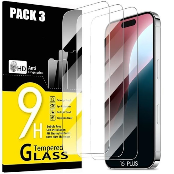 Härdat glas för iPhone 16 Plus - Enkel installation, Repskydd, 3-pack Transparent