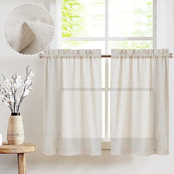 Beige Linned Køkken Gardiner - Farmhouse Cafe Gardiner (2 Paneler) Hggb