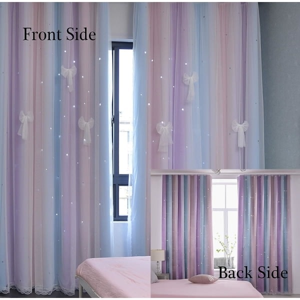 Fönstergardiner för barnrum 200 cm långa, mörkläggande med repring, 2 lager (rosa lila, bredd 1,5 * höjd 2,0 m per styck [skicka rosett])