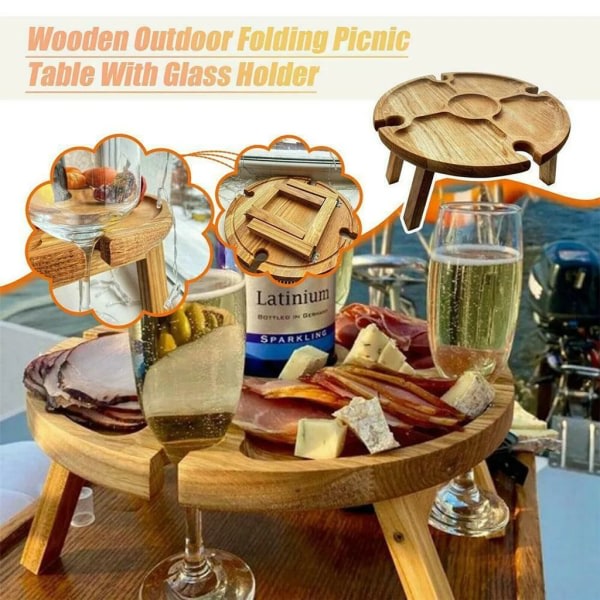 i 1 sammenklappeligt udendørs picnicbord i træ med sofabord med vinglasstativ 30*30*15 cm