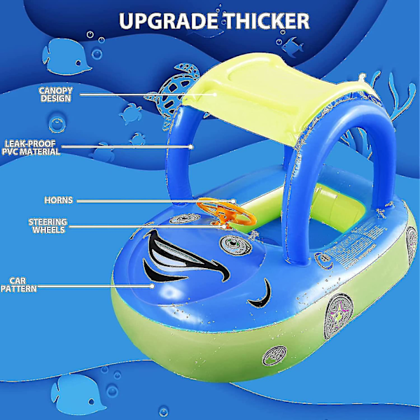 Uppblåsbar Baby Pool Float med Solskydd, Bilformad Badbåt för Spädbarn Småbarn Barn