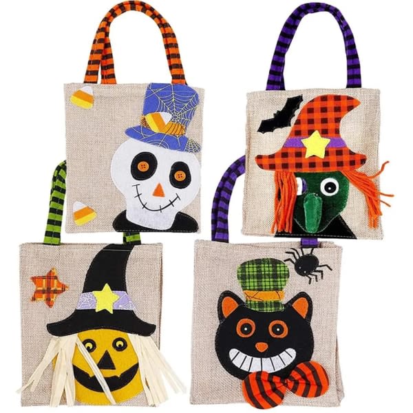 Halloween Canvas Tygpåsar, Kids Canvas Trick or Treat-påsar, Goodie Bags, Candy Party Bags, Halloween Party Favor Bags, 4-pack