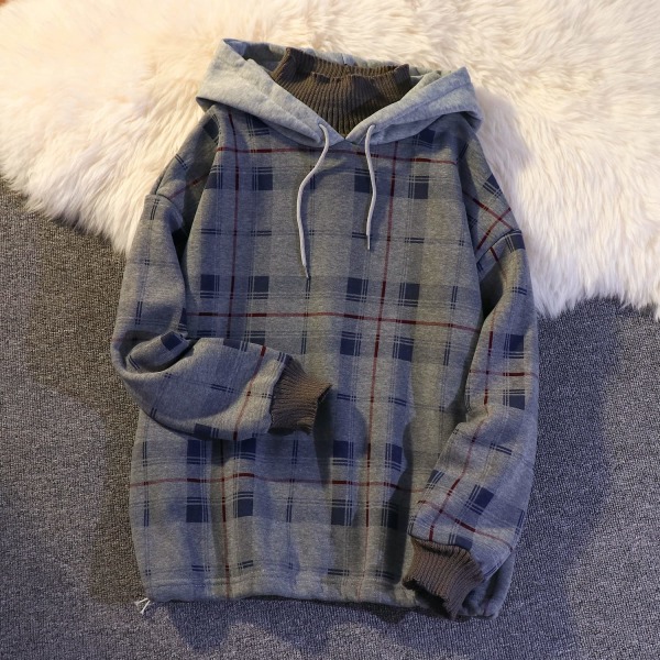 Damer Harajuku Plaid Hoodies Falsk Todelt Fleece Højhalset Trøje grey blue XL