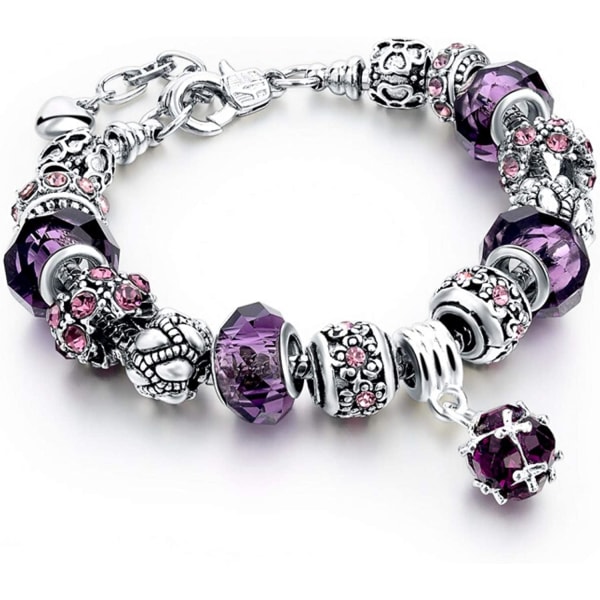 Purple Theme Silver Plated Charm Bracelets for Women and Teens, Adjustable Jewelry Gift Set, Fits 7.5"+1.5"