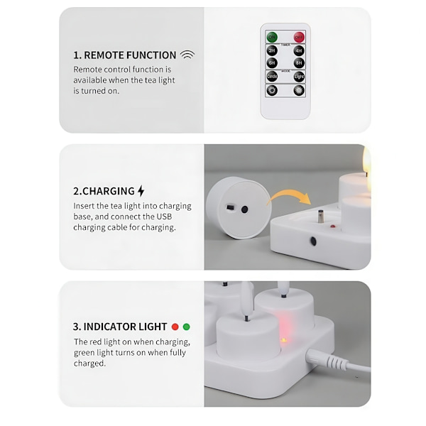 Oppladbare telys – LED-lys med kontroll og timer 540 12-Pack