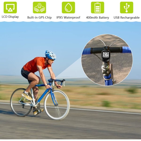 M3 Mini GPS Cykeldator, Trådlös Cykel Odometer och Hastighetsmätare IPX5 Vattentät Cykeldator med LCD-skärm Svart