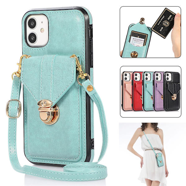 iPhone 12-fodral för kvinnor, plånbok med korthållare och axelrem, Crossbody PU-läder, anti-rep, Röd green