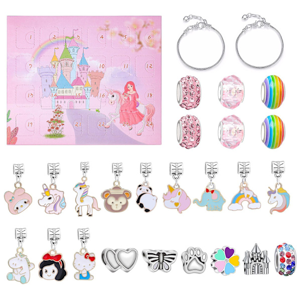 Julekalender med jule-diy-enhjørning-charms-armbånd - nedtælling til jul - unikt charms-smykke-sæt til børn og piger