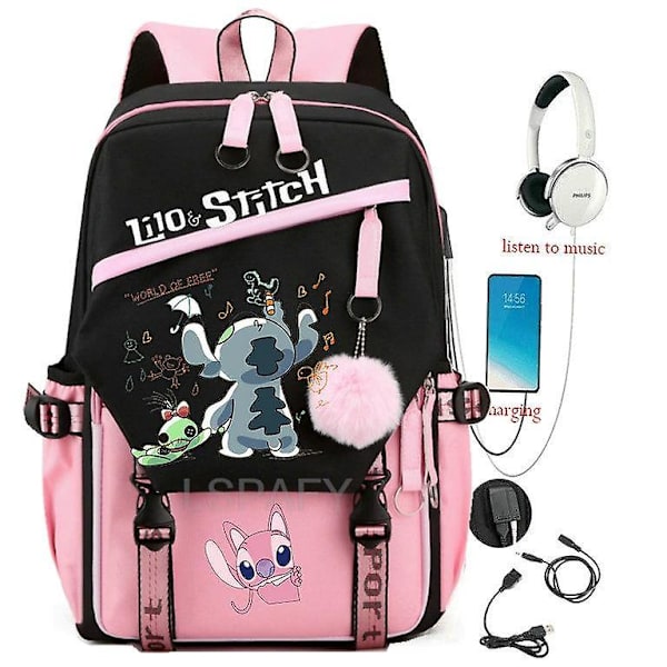 Lilo och Stitch USB-ryggsäck med stor kapacitet för tonåringar, studenter, män och kvinnor, fritidsresor, barnryggsäck